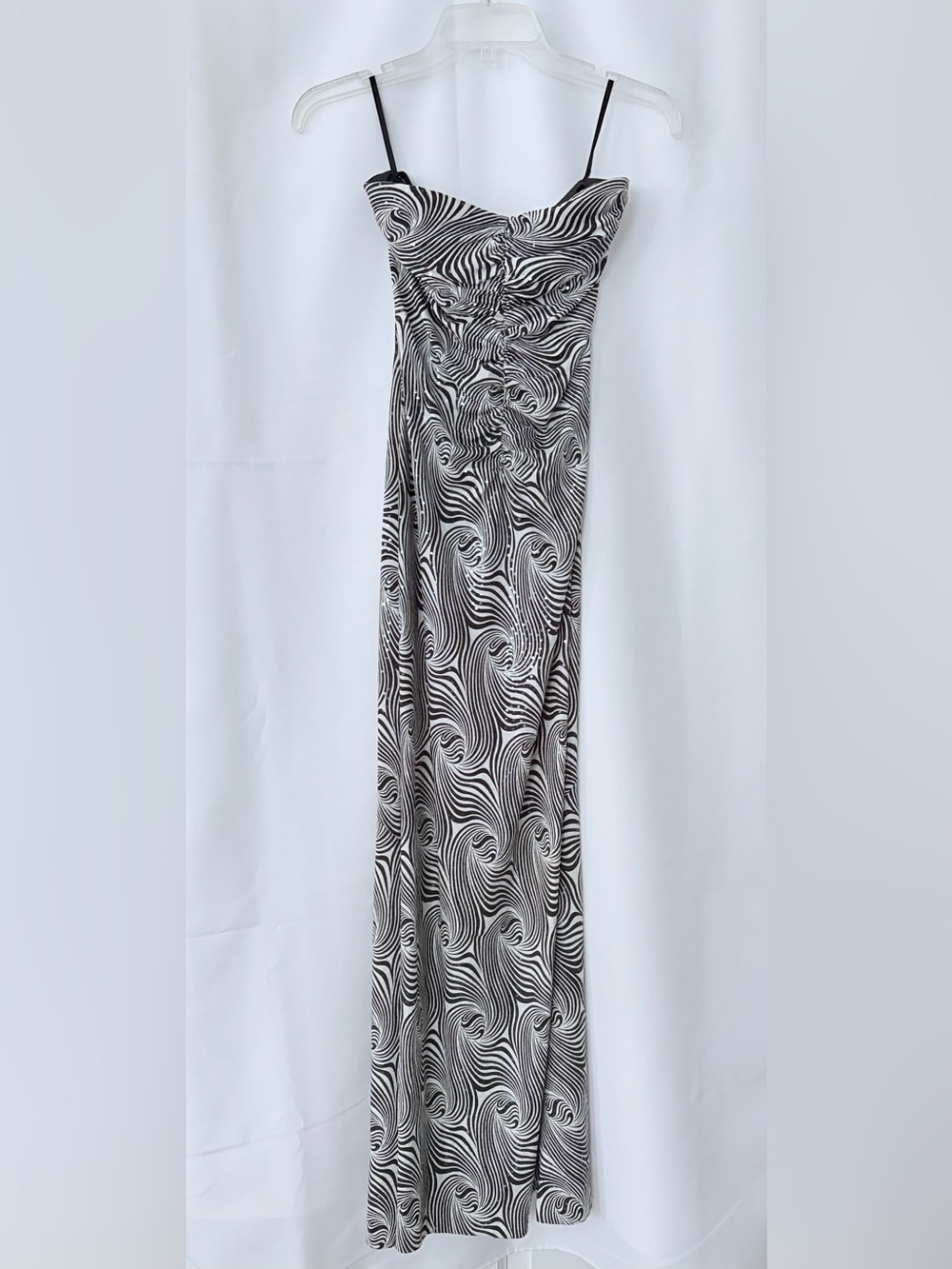 VINTAGE Strapless Black & White Swirl Maxi Dress with Sequins